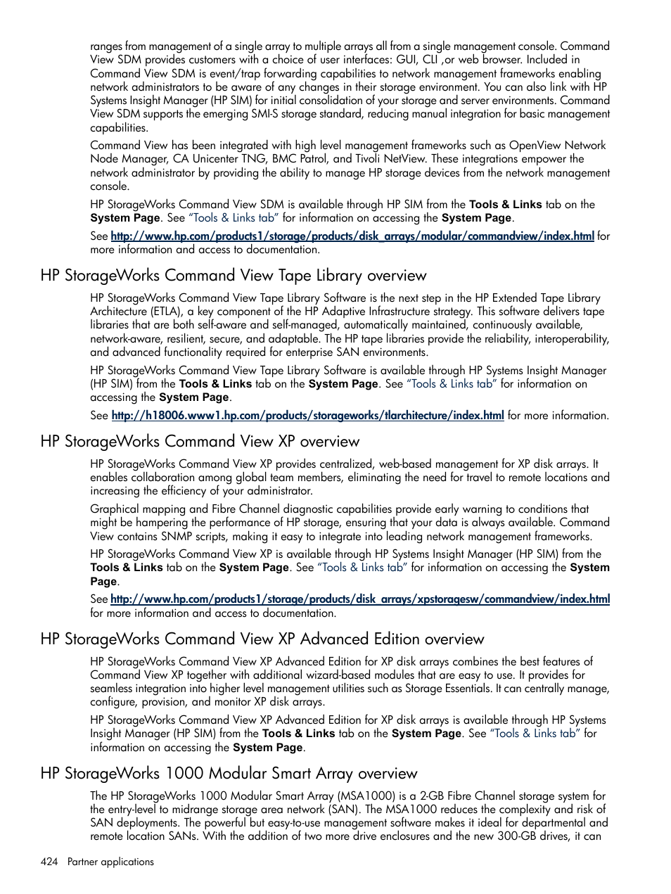 Hp storageworks command view tape library overview, Hp storageworks command view xp overview, Hp storageworks 1000 modular smart array overview | HP Systems Insight Manager User Manual | Page 424 / 679