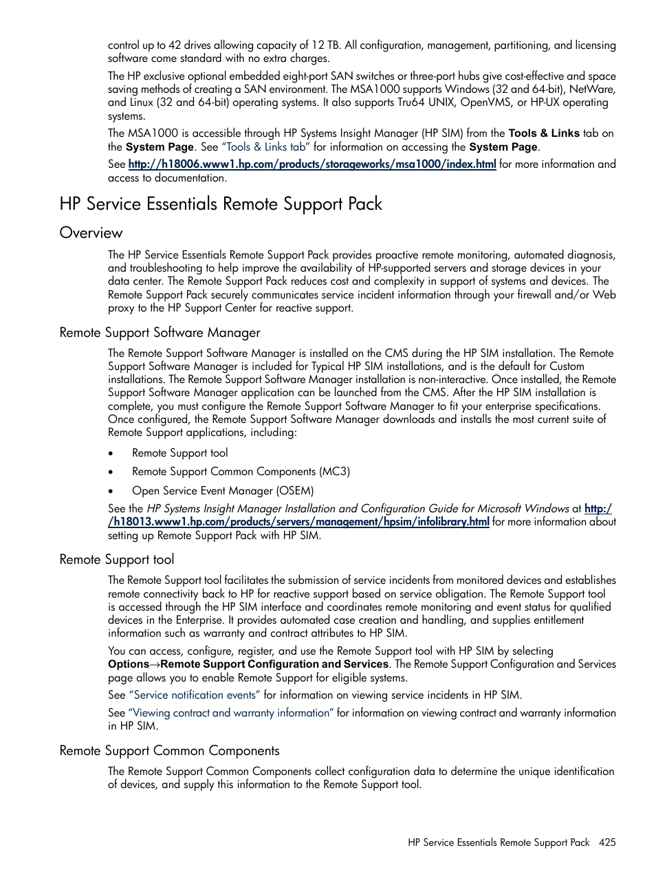 Hp service essentials remote support pack, Overview, Remote support software manager | Remote support tool, Remote support common components, Hp service essentials, Remote support pack | HP Systems Insight Manager User Manual | Page 425 / 679
