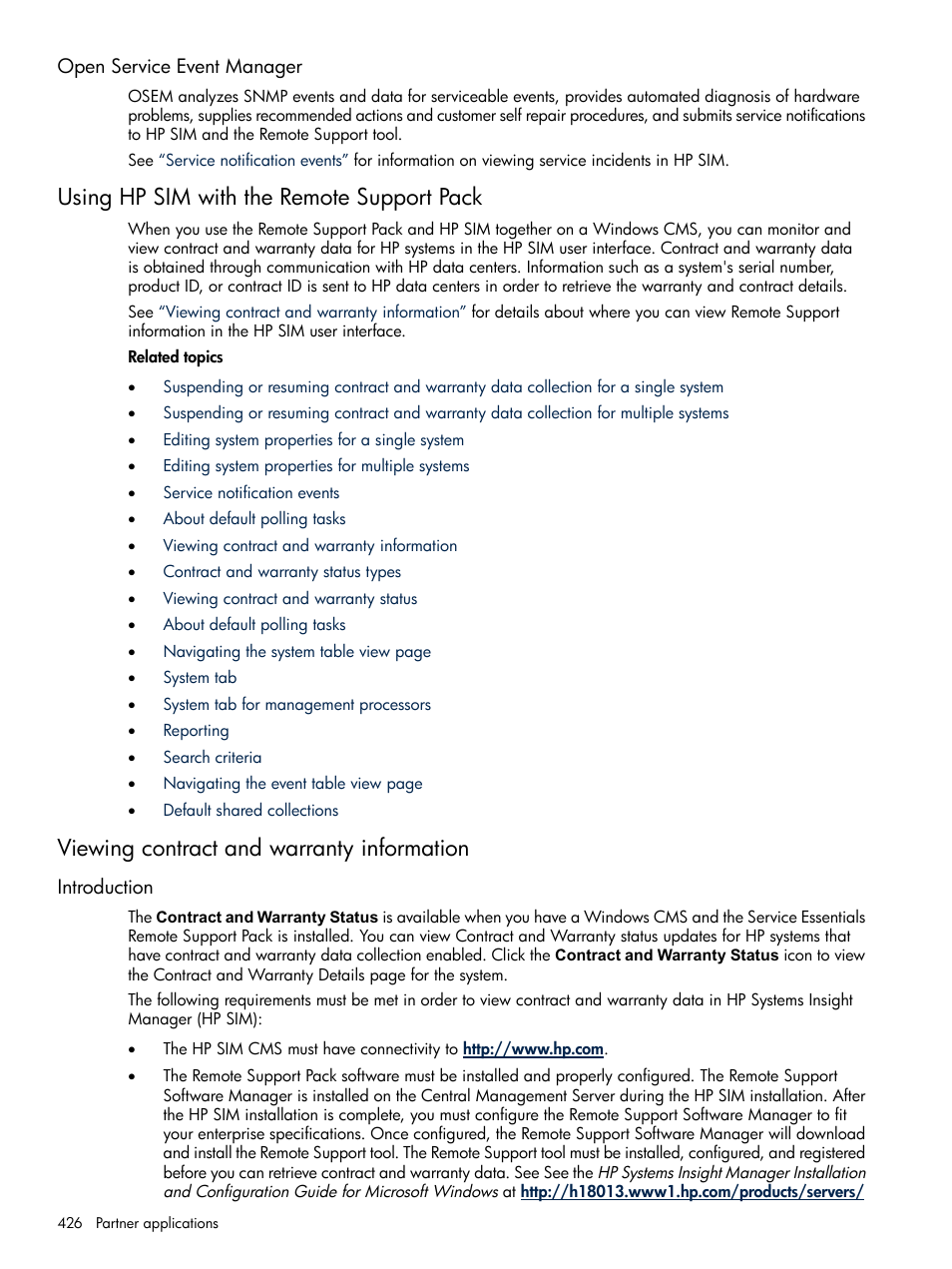 Open service event manager, Using hp sim with the remote support pack, Viewing contract and warranty information | Introduction | HP Systems Insight Manager User Manual | Page 426 / 679