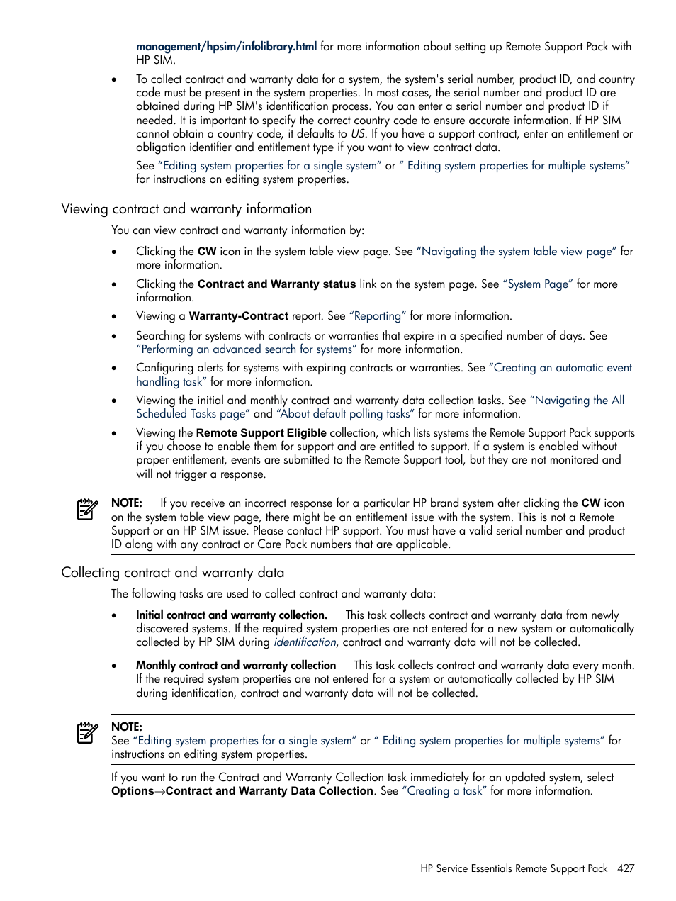 Viewing contract and warranty information, Collecting contract and warranty data | HP Systems Insight Manager User Manual | Page 427 / 679
