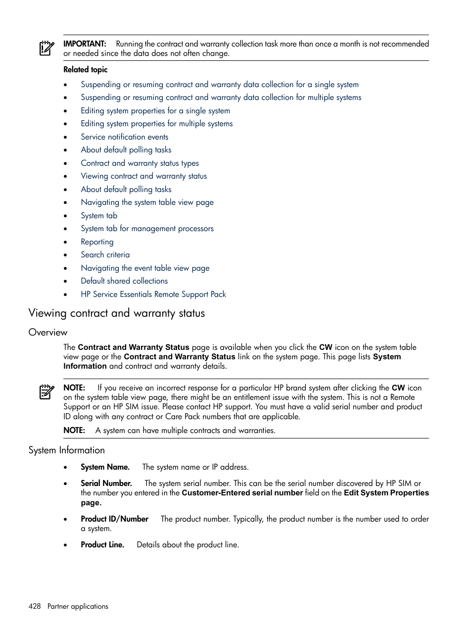 Viewing contract and warranty status, Overview, System information | Overview system information | HP Systems Insight Manager User Manual | Page 428 / 679