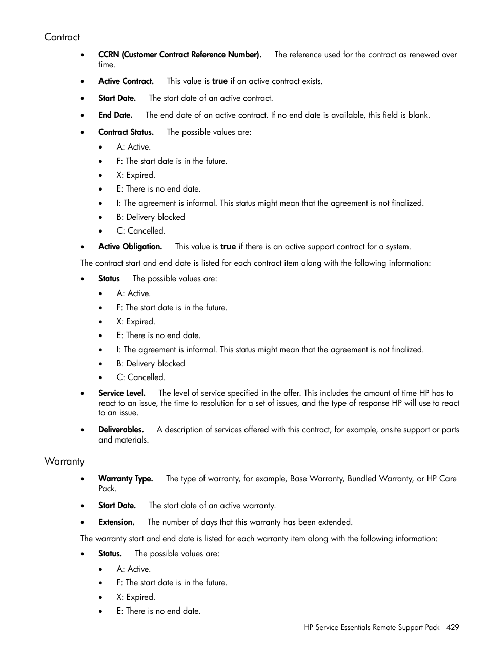 Contract, Warranty, Contract warranty | HP Systems Insight Manager User Manual | Page 429 / 679