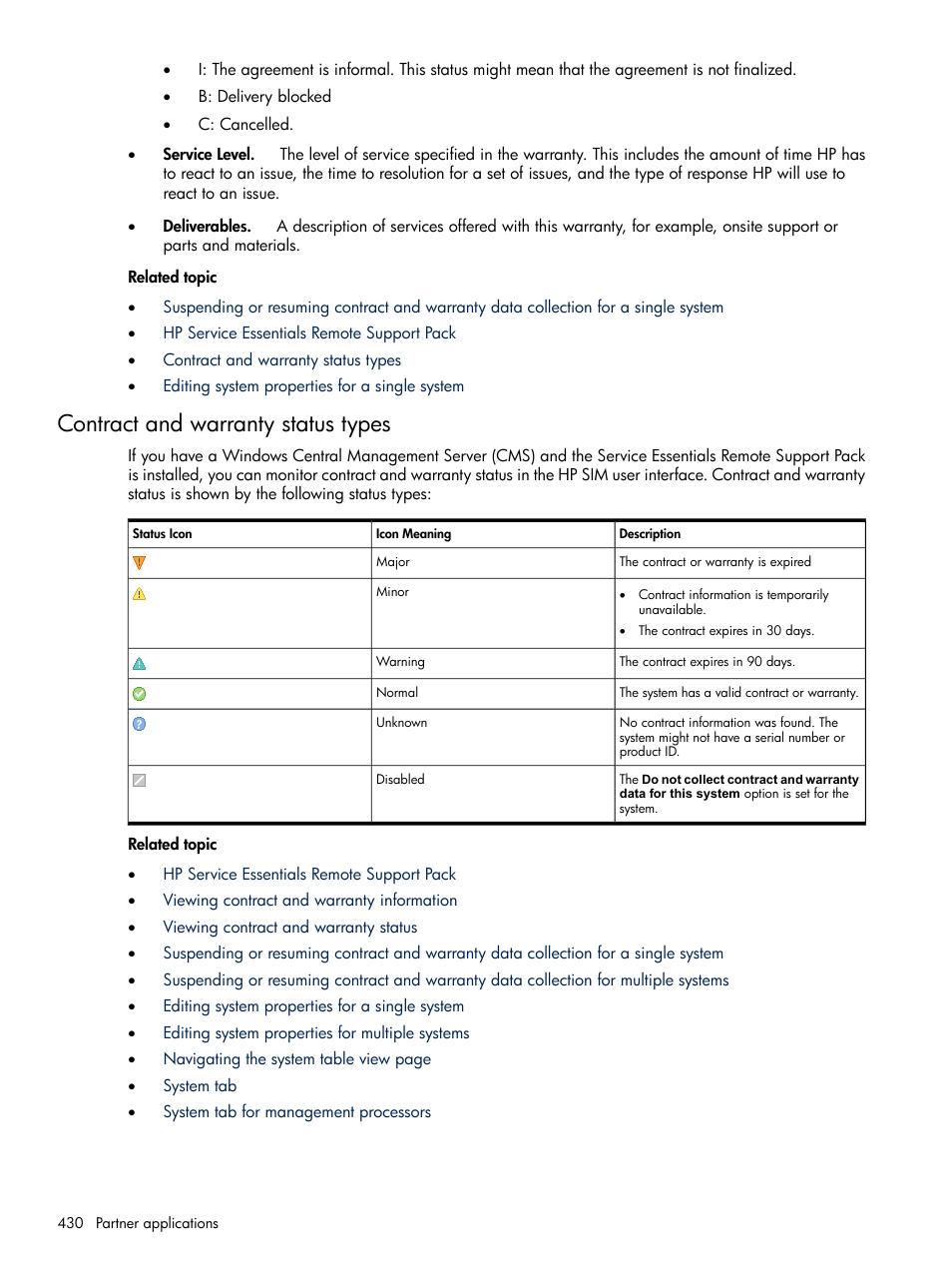 Contract and warranty status types | HP Systems Insight Manager User Manual | Page 430 / 679