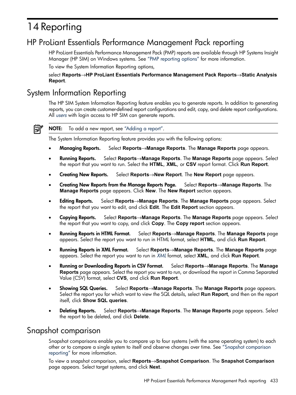 14 reporting, System information reporting, Snapshot comparison | Reporting | HP Systems Insight Manager User Manual | Page 433 / 679