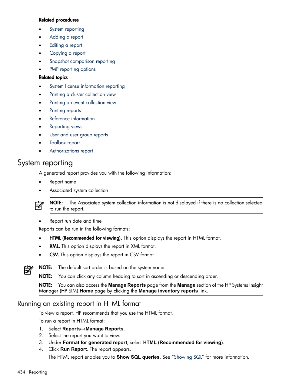 System reporting, Running an existing report in html format | HP Systems Insight Manager User Manual | Page 434 / 679