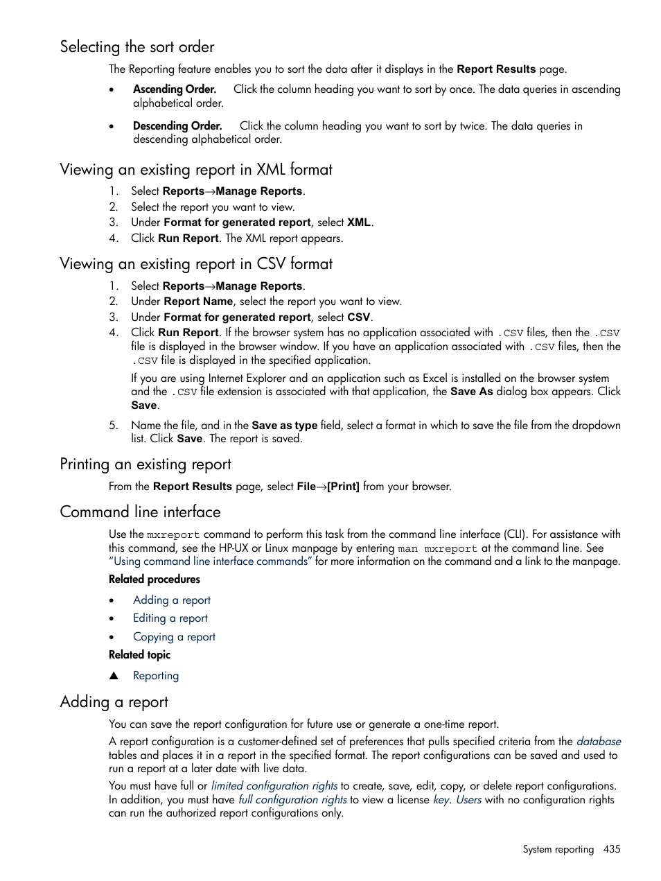 Selecting the sort order, Viewing an existing report in xml format, Viewing an existing report in csv format | Printing an existing report, Command line interface, Adding a report | HP Systems Insight Manager User Manual | Page 435 / 679