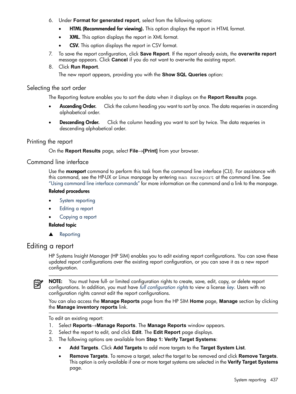 Selecting the sort order, Printing the report, Command line interface | Editing a report | HP Systems Insight Manager User Manual | Page 437 / 679