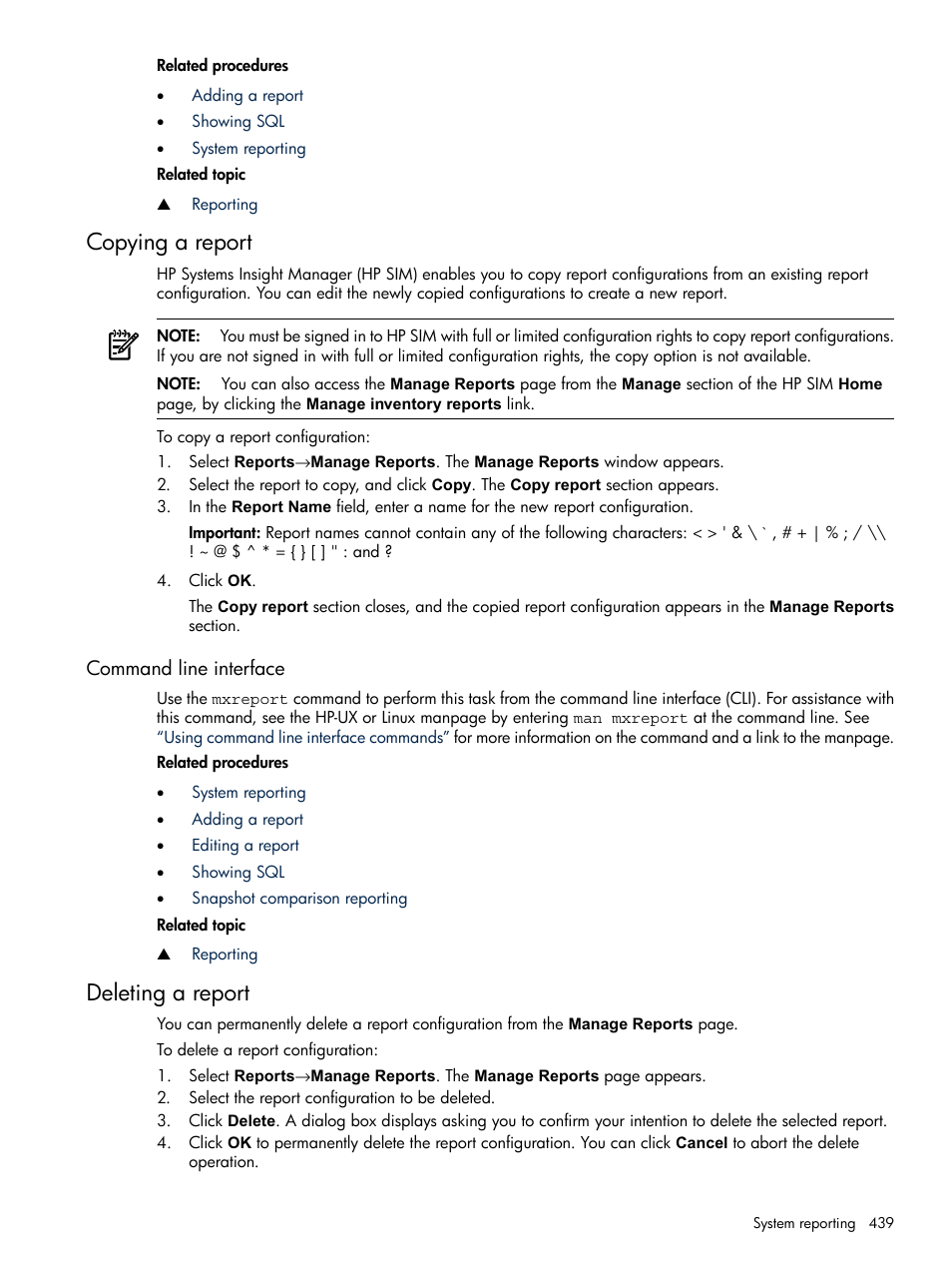 Copying a report, Command line interface, Deleting a report | HP Systems Insight Manager User Manual | Page 439 / 679
