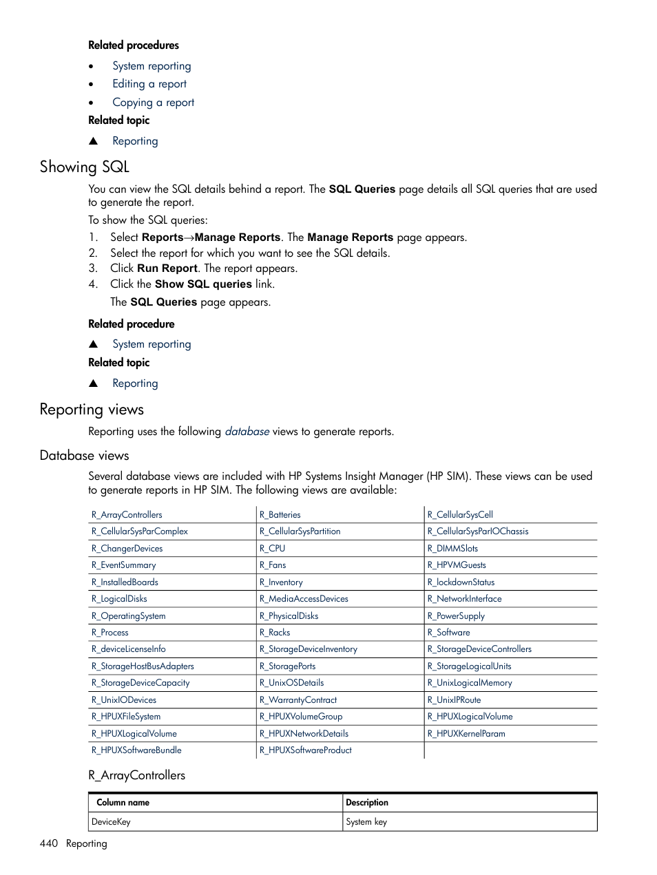 Showing sql, Reporting views, Database views | R_arraycontrollers, Showing sql reporting views | HP Systems Insight Manager User Manual | Page 440 / 679