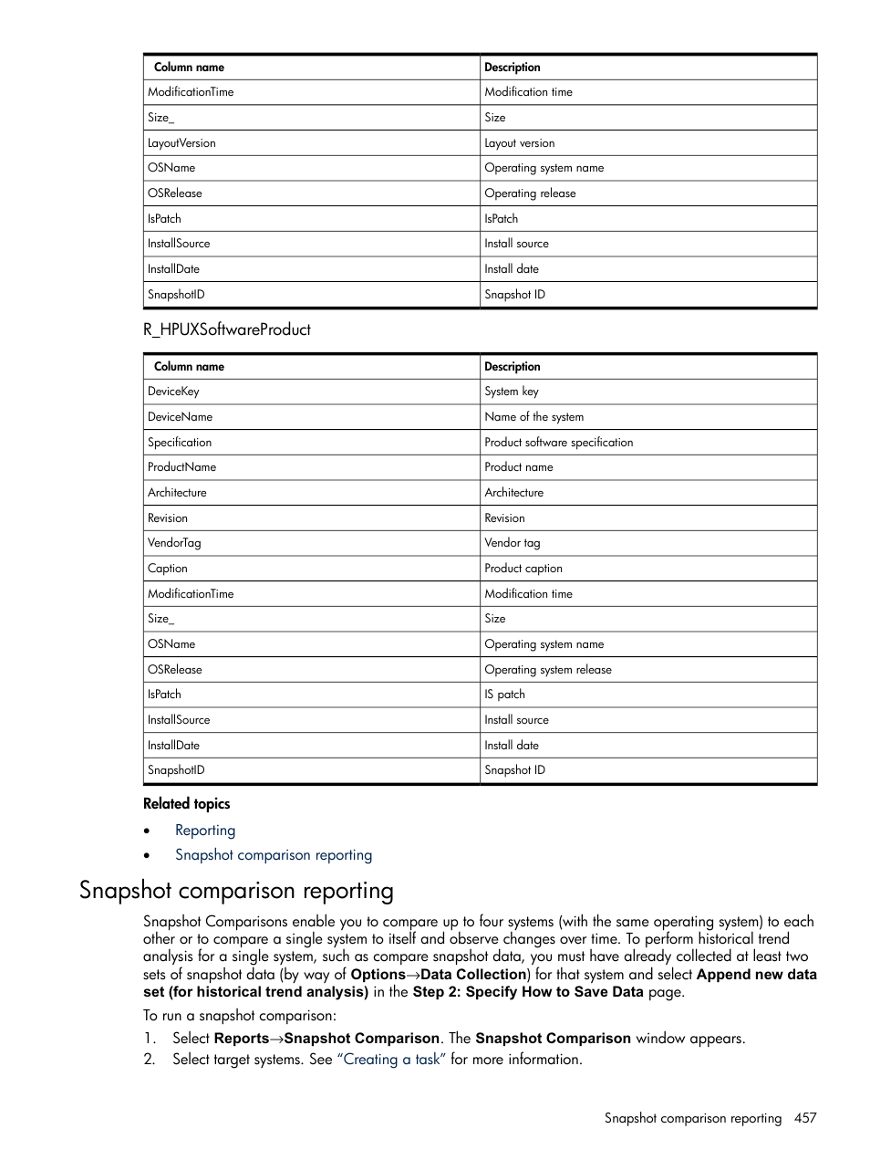 R_hpuxsoftwareproduct, Snapshot comparison reporting, Snapshot comparison | Reporting | HP Systems Insight Manager User Manual | Page 457 / 679