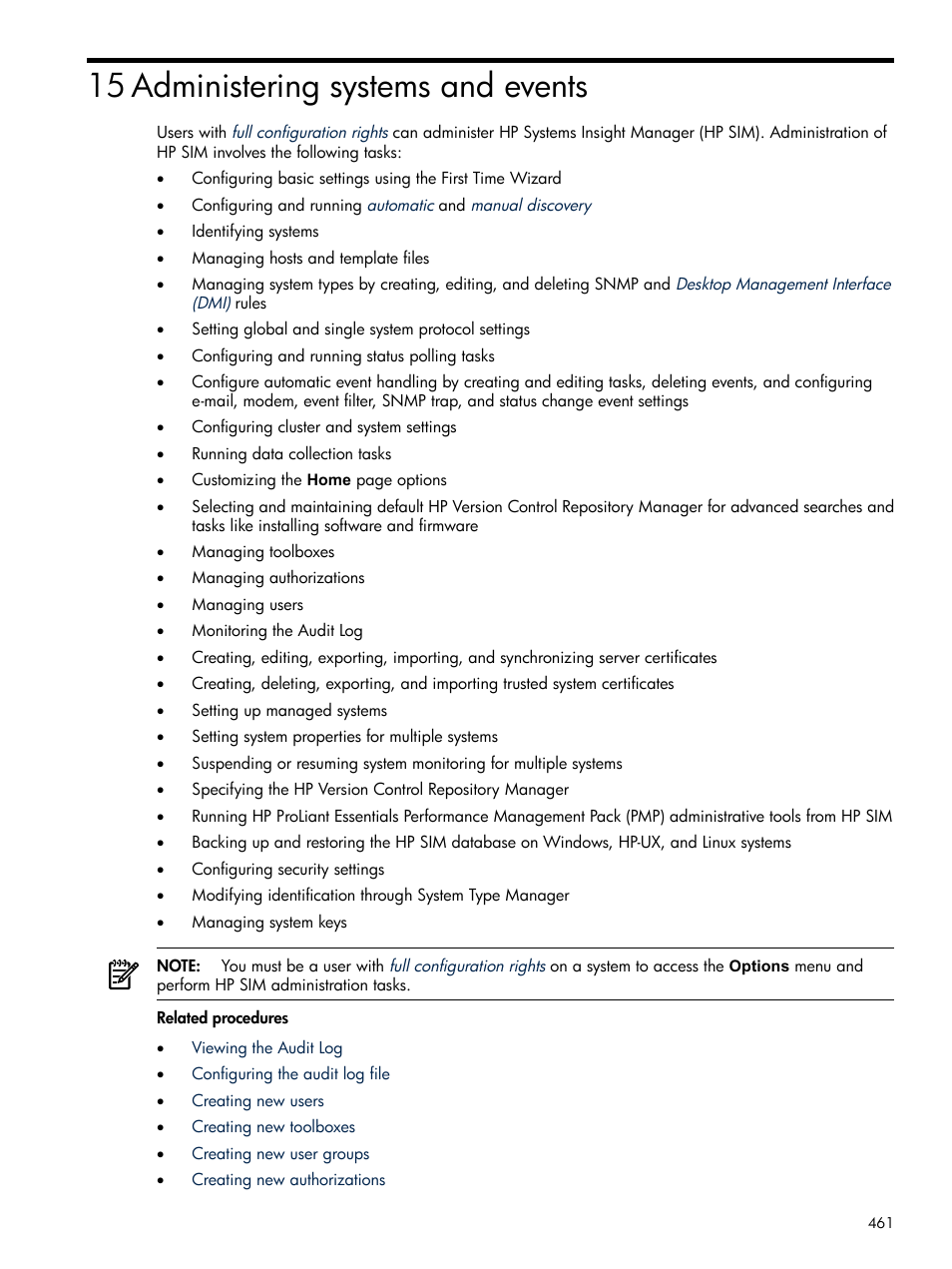 15 administering systems and events, Administering, Systems and events | Administering systems and events | HP Systems Insight Manager User Manual | Page 461 / 679