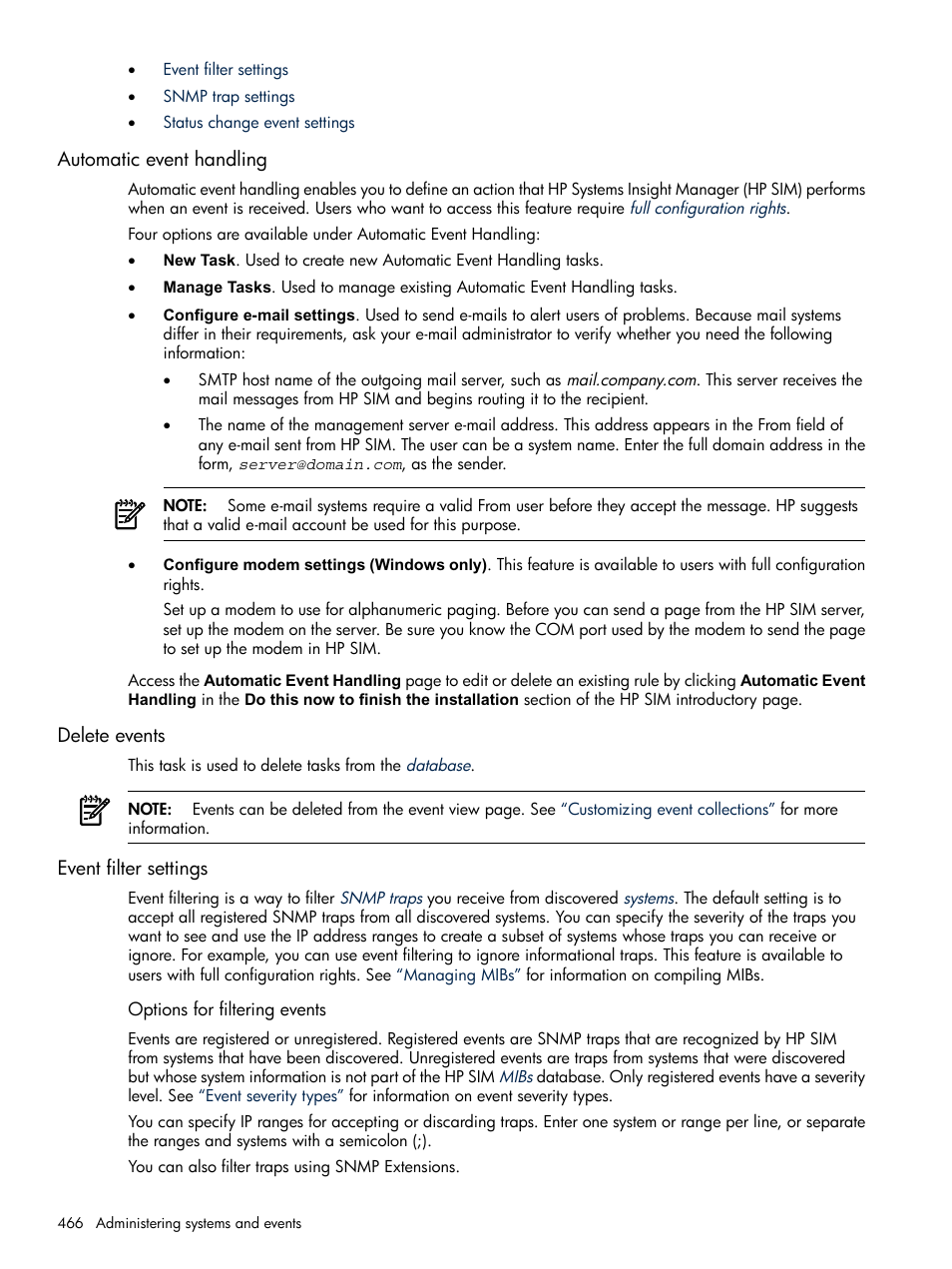 Automatic event handling, Delete events, Event filter settings | Options for filtering events | HP Systems Insight Manager User Manual | Page 466 / 679