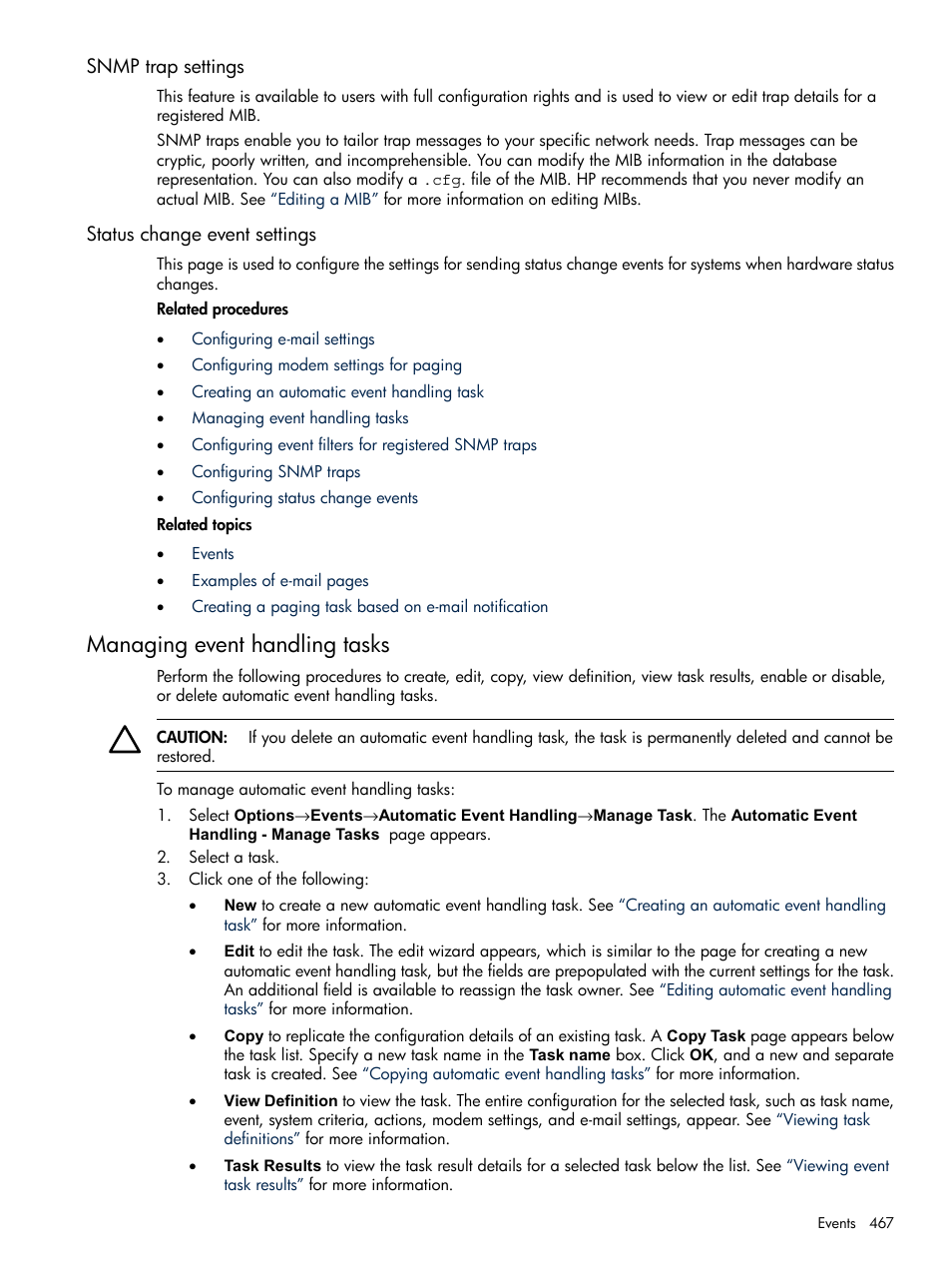 Snmp trap settings, Status change event settings, Managing event handling tasks | Snmp trap settings status change event settings | HP Systems Insight Manager User Manual | Page 467 / 679