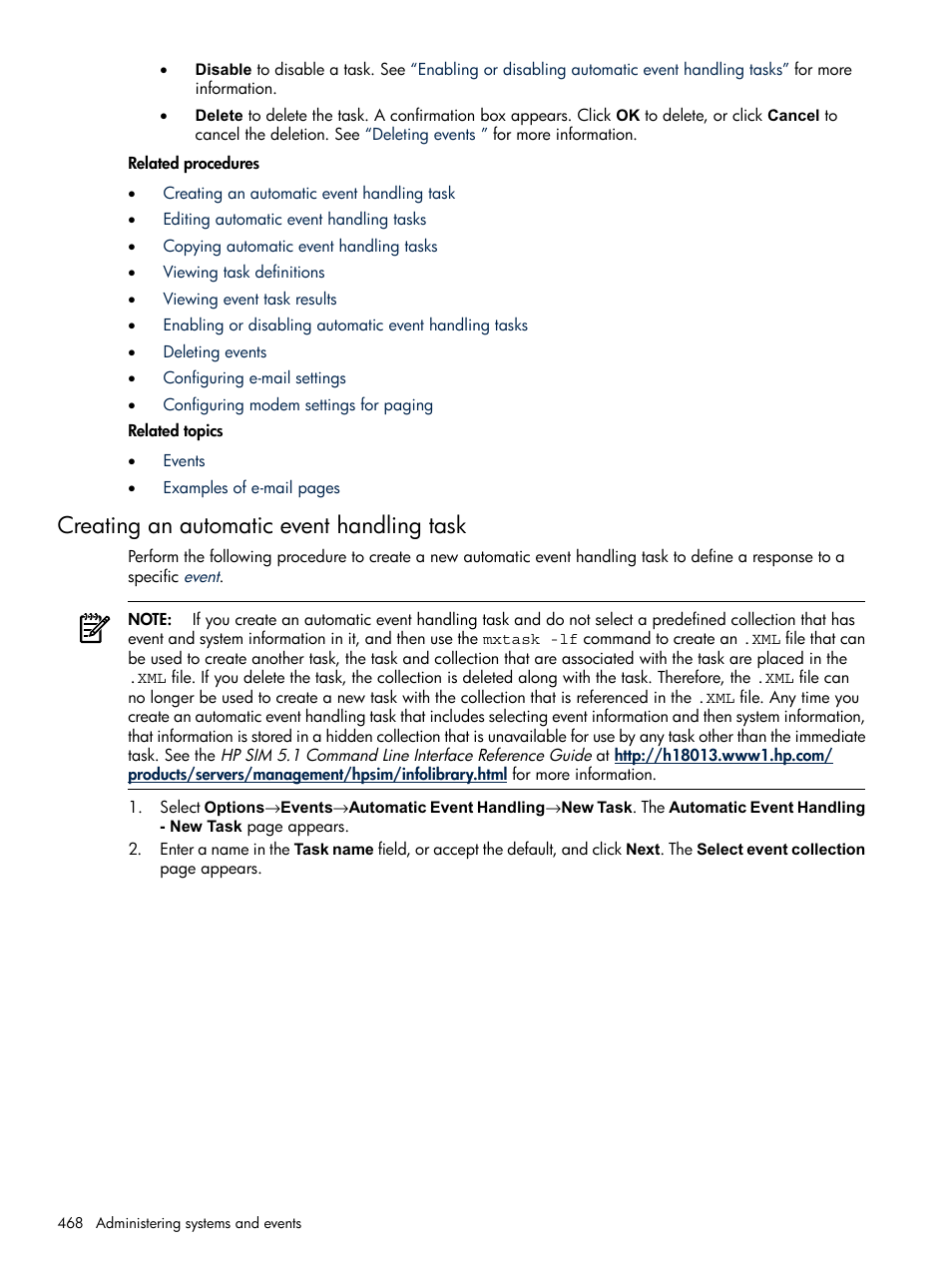 Creating an automatic event handling task, Creating an automatic event, Handling task | Creating an automatic event handling, Task | HP Systems Insight Manager User Manual | Page 468 / 679