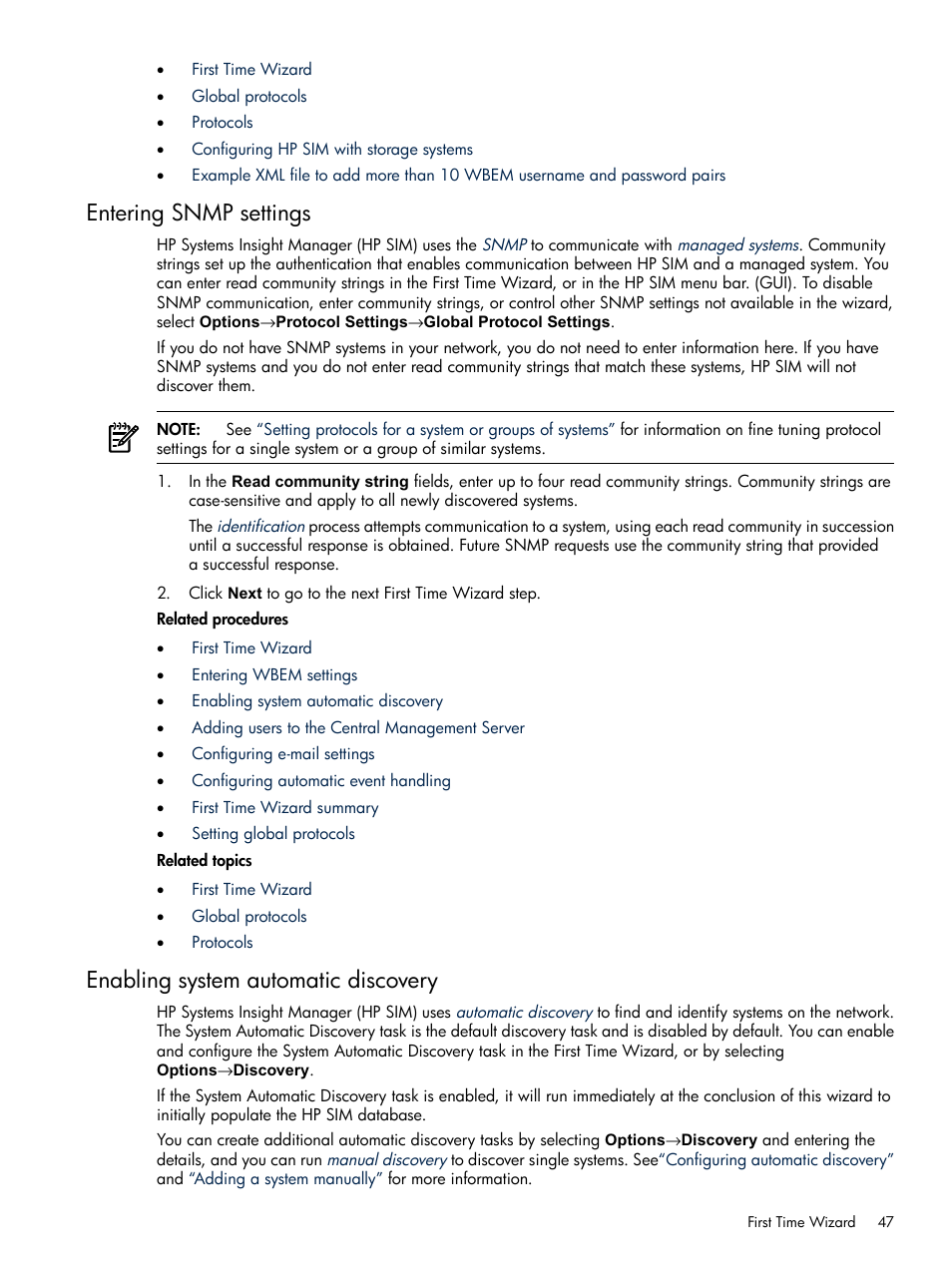 Entering snmp settings, Enabling system automatic discovery | HP Systems Insight Manager User Manual | Page 47 / 679