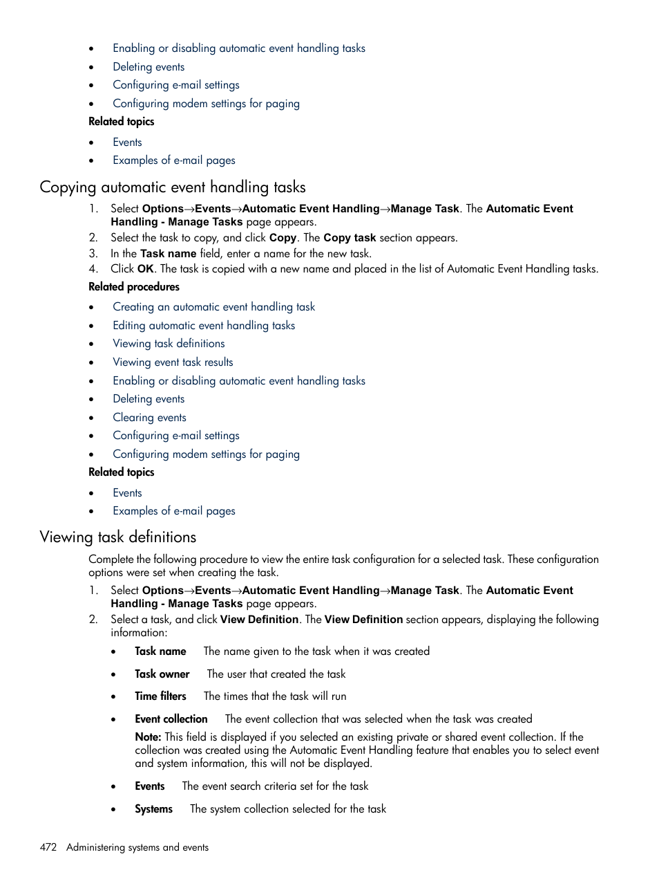 Copying automatic event handling tasks, Viewing task definitions, Viewing task | Definitions | HP Systems Insight Manager User Manual | Page 472 / 679