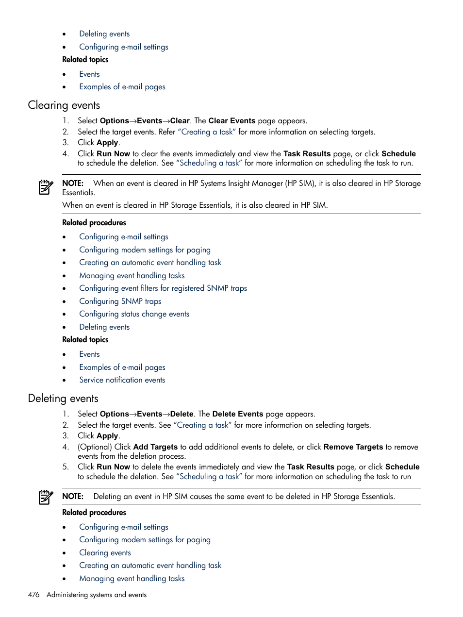 Clearing events, Deleting events, Clearing events deleting events | HP Systems Insight Manager User Manual | Page 476 / 679