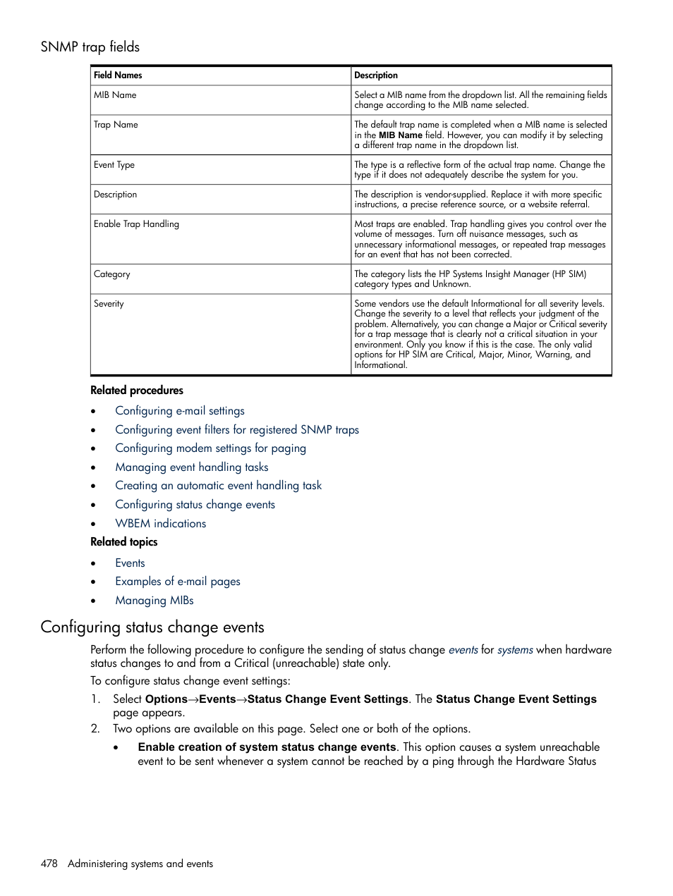 Snmp trap fields, Configuring status change events | HP Systems Insight Manager User Manual | Page 478 / 679