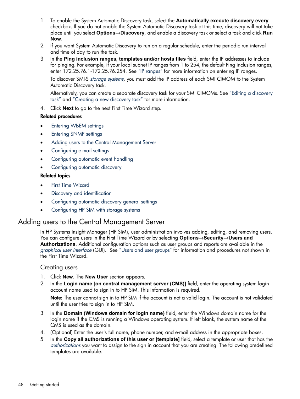 Adding users to the central management server | HP Systems Insight Manager User Manual | Page 48 / 679