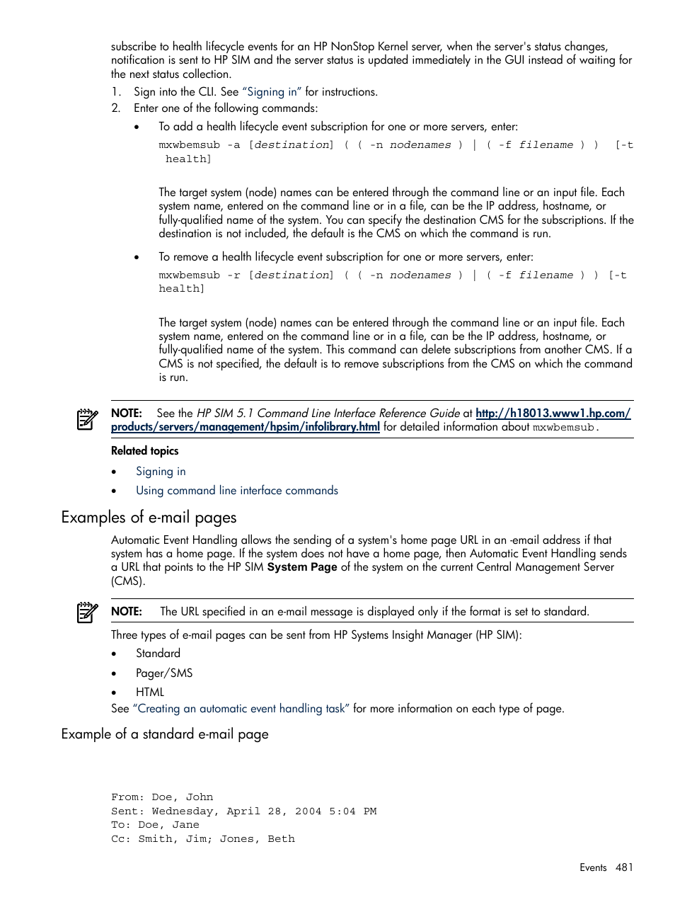 Examples of e-mail pages | HP Systems Insight Manager User Manual | Page 481 / 679