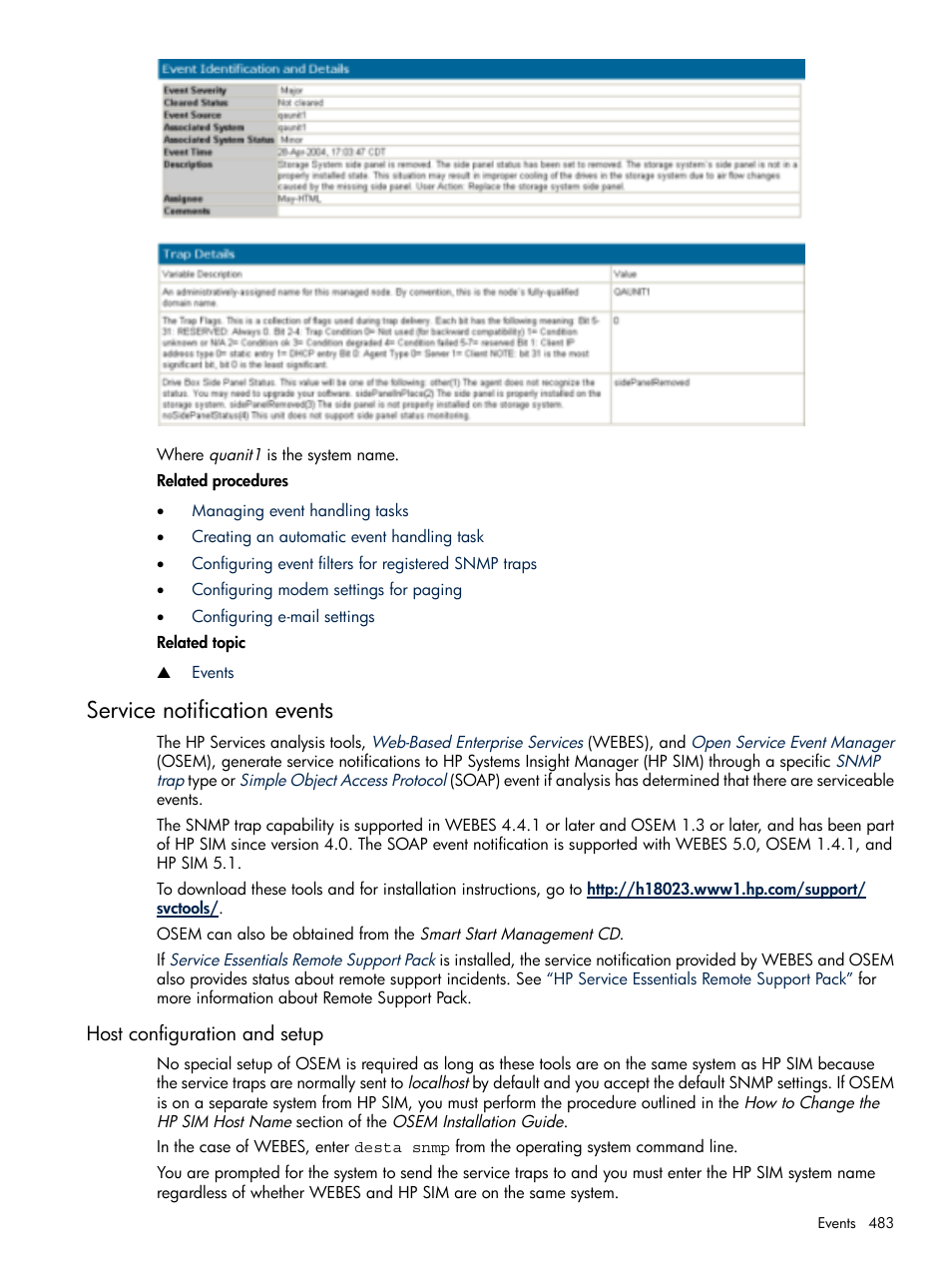 Service notification events, Host configuration and setup | HP Systems Insight Manager User Manual | Page 483 / 679