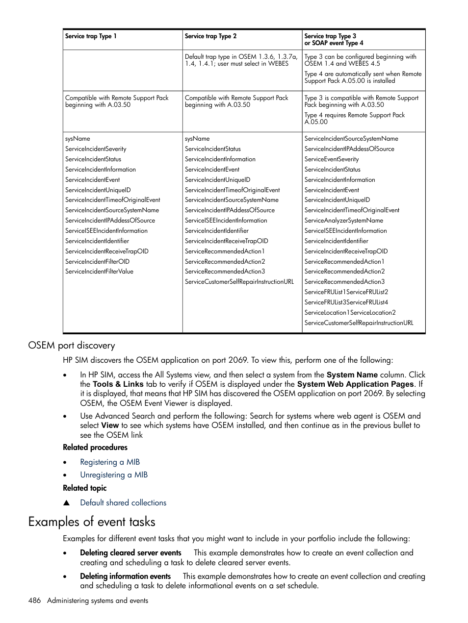 Osem port discovery, Examples of event tasks | HP Systems Insight Manager User Manual | Page 486 / 679