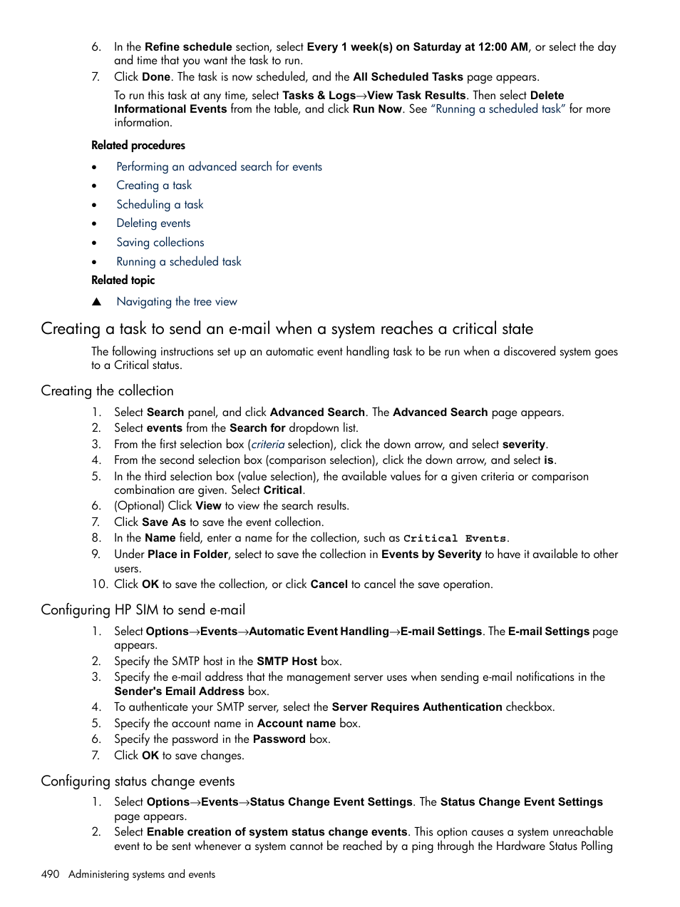 Creating the collection, Configuring hp sim to send e-mail, Configuring status change events | HP Systems Insight Manager User Manual | Page 490 / 679