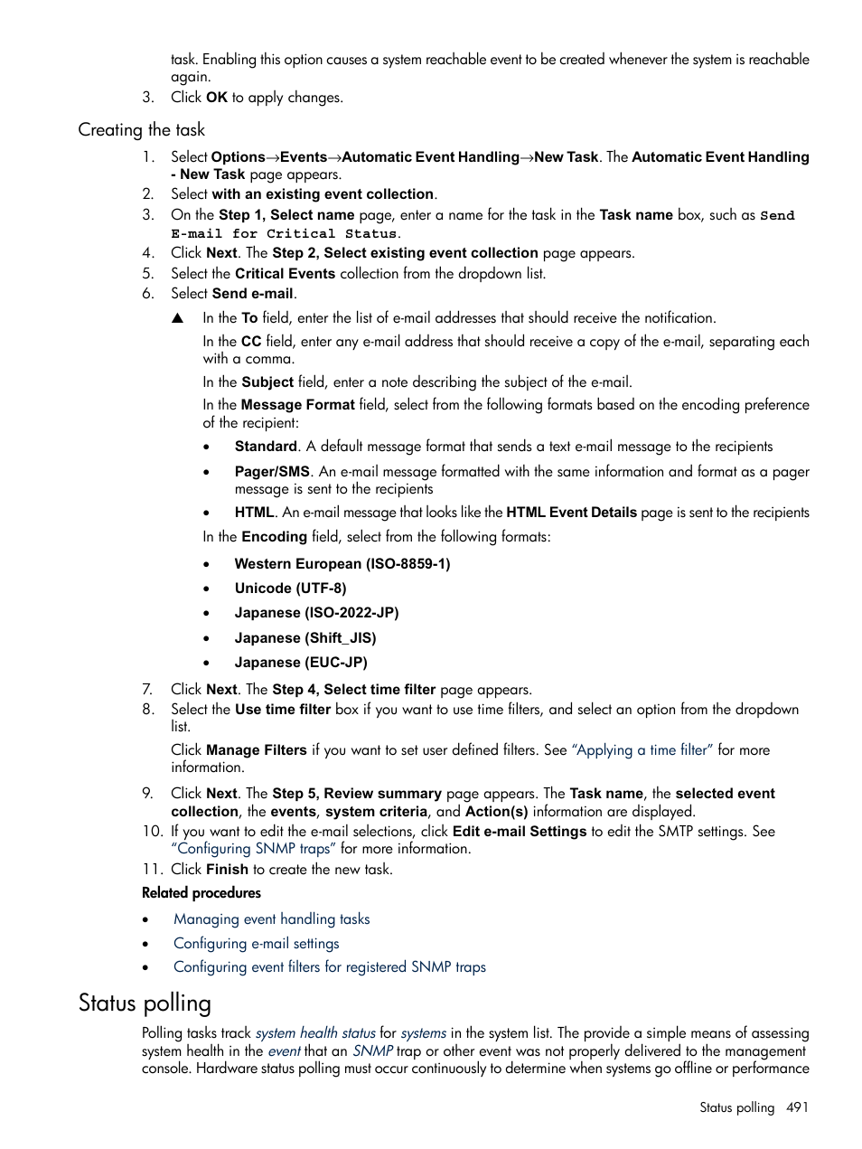 Creating the task, Status polling | HP Systems Insight Manager User Manual | Page 491 / 679