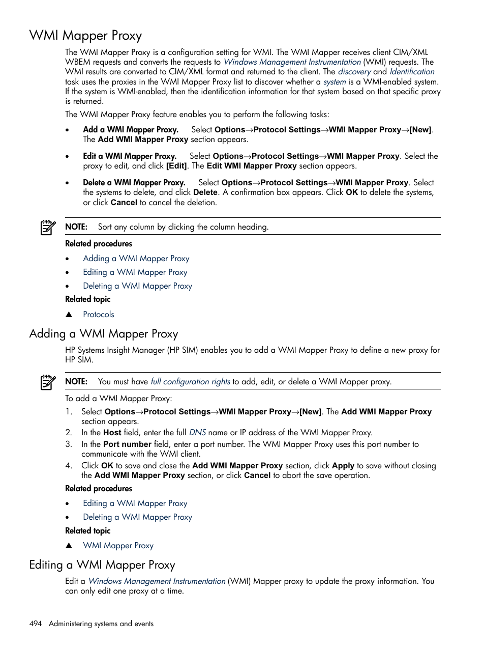 Wmi mapper proxy, Adding a wmi mapper proxy, Editing a wmi mapper proxy | HP Systems Insight Manager User Manual | Page 494 / 679