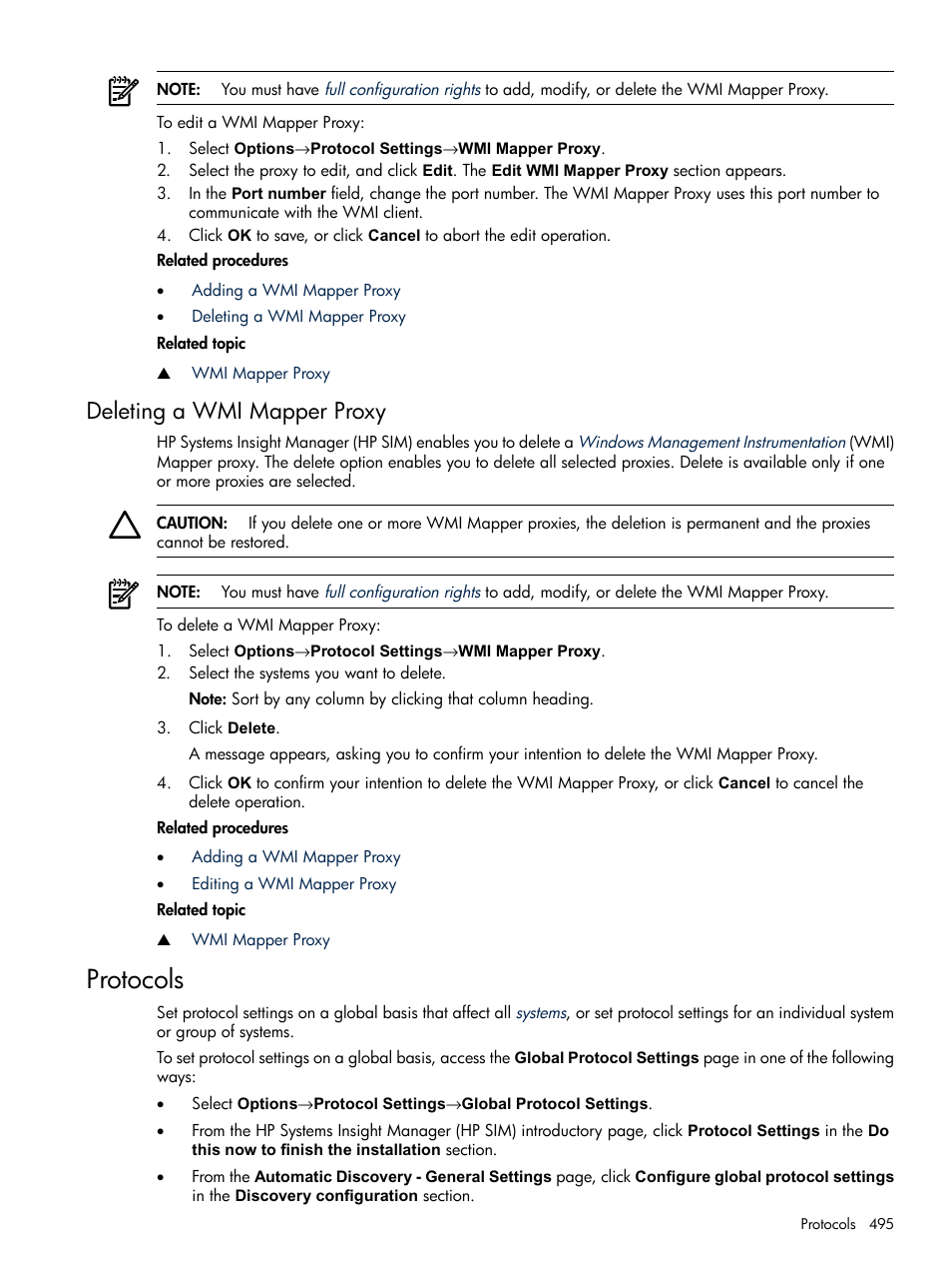 Deleting a wmi mapper proxy, Protocols | HP Systems Insight Manager User Manual | Page 495 / 679