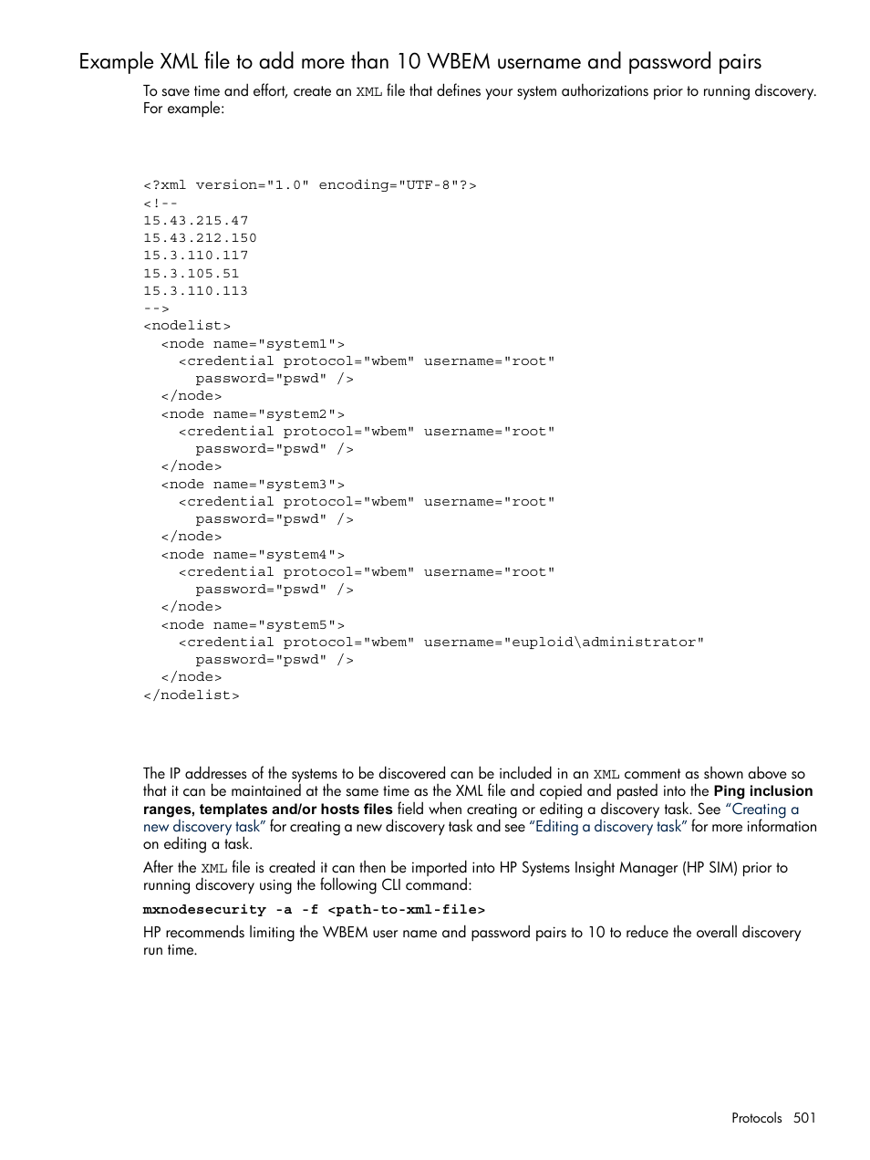 Example xml file to add more than, 10 wbem username and password pairs | HP Systems Insight Manager User Manual | Page 501 / 679
