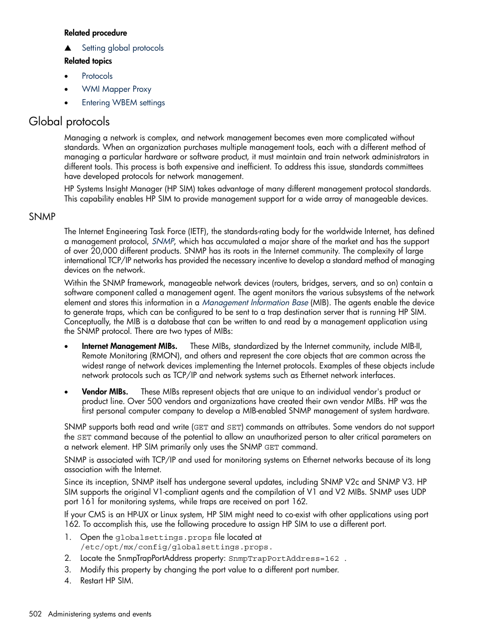 Global protocols, Snmp | HP Systems Insight Manager User Manual | Page 502 / 679