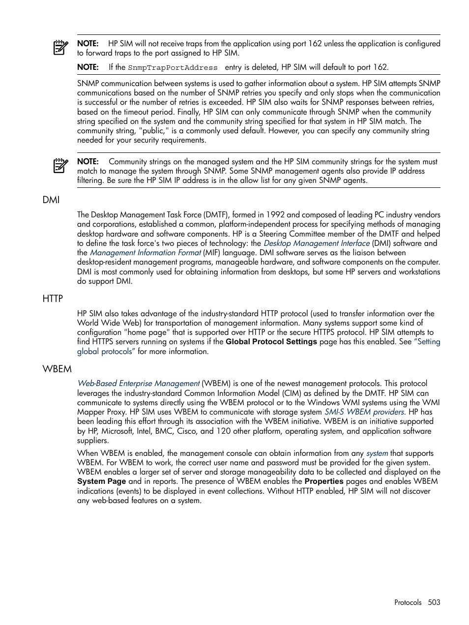 Http, Wbem, Dmi http wbem | HP Systems Insight Manager User Manual | Page 503 / 679