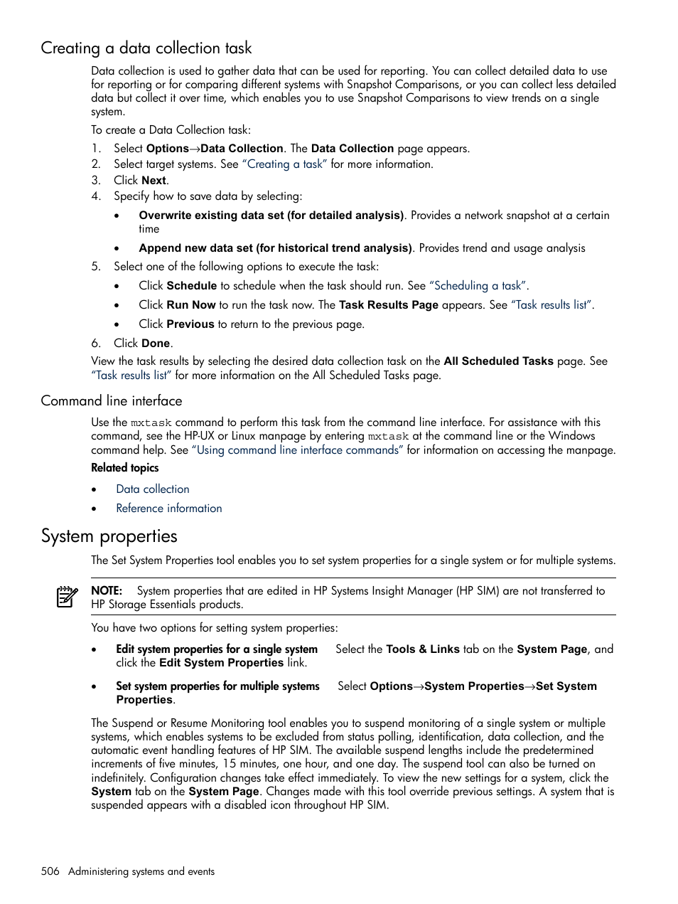 Creating a data collection task, Command line interface, System properties | HP Systems Insight Manager User Manual | Page 506 / 679