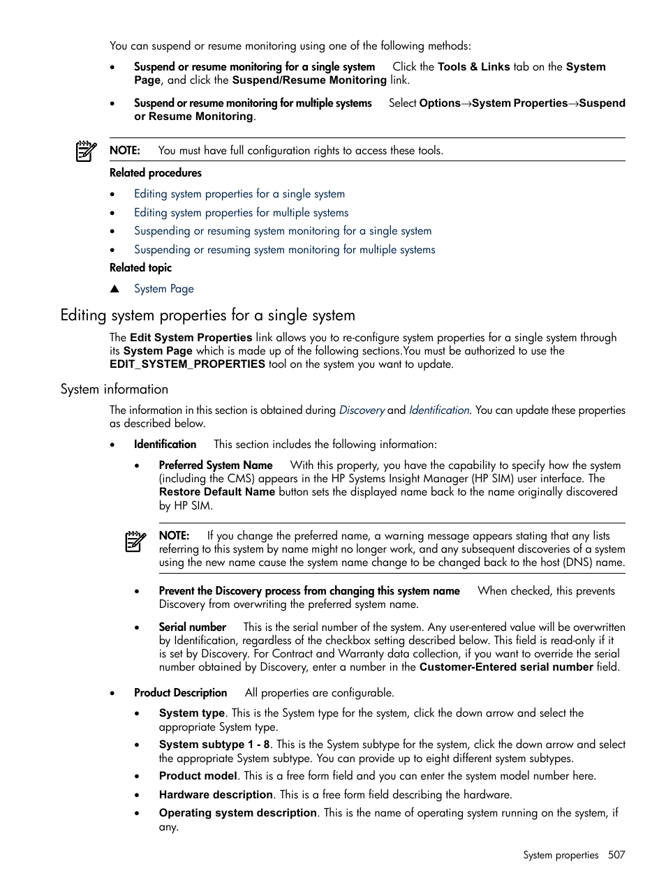 Editing system properties for a single system, System information, Editing system | Properties for a single system, Editing system properties for a single, System | HP Systems Insight Manager User Manual | Page 507 / 679