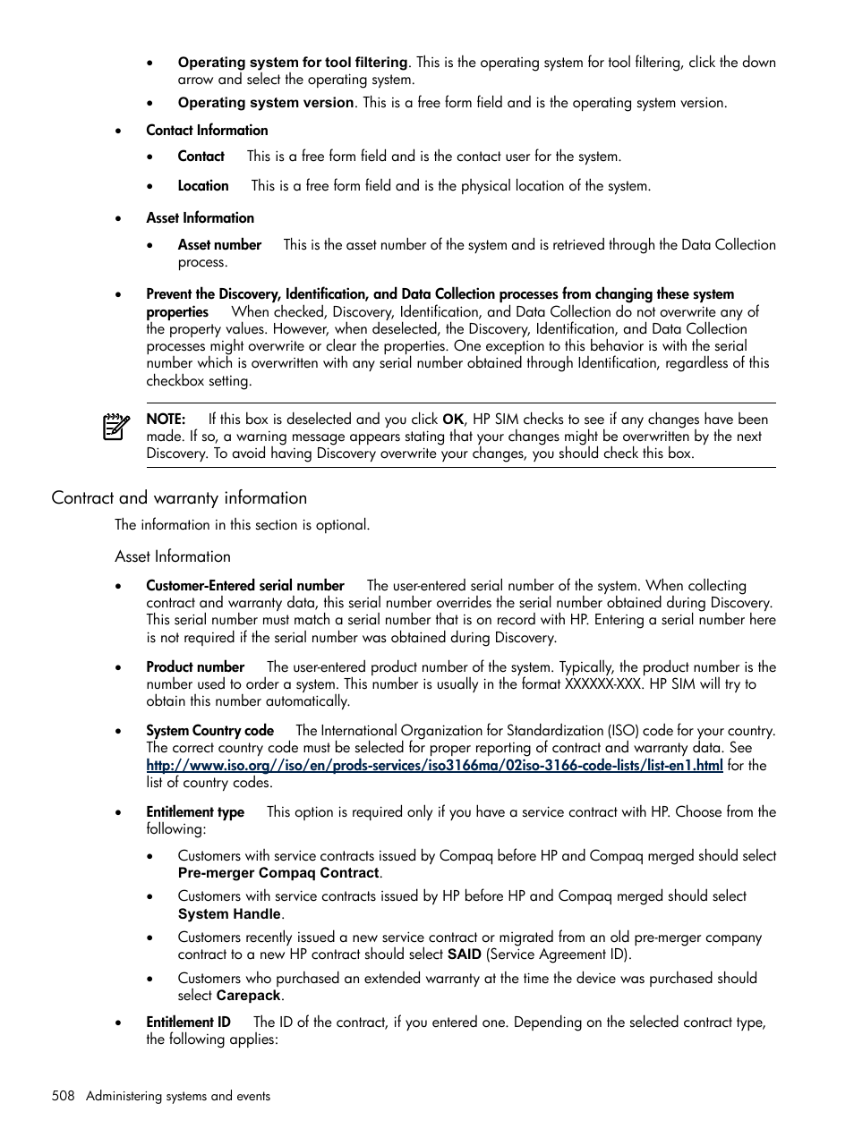 Contract and warranty information, Asset information | HP Systems Insight Manager User Manual | Page 508 / 679