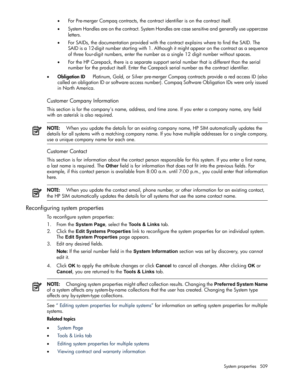 Customer company information, Customer contact, Reconfiguring system properties | Customer company information customer contact | HP Systems Insight Manager User Manual | Page 509 / 679