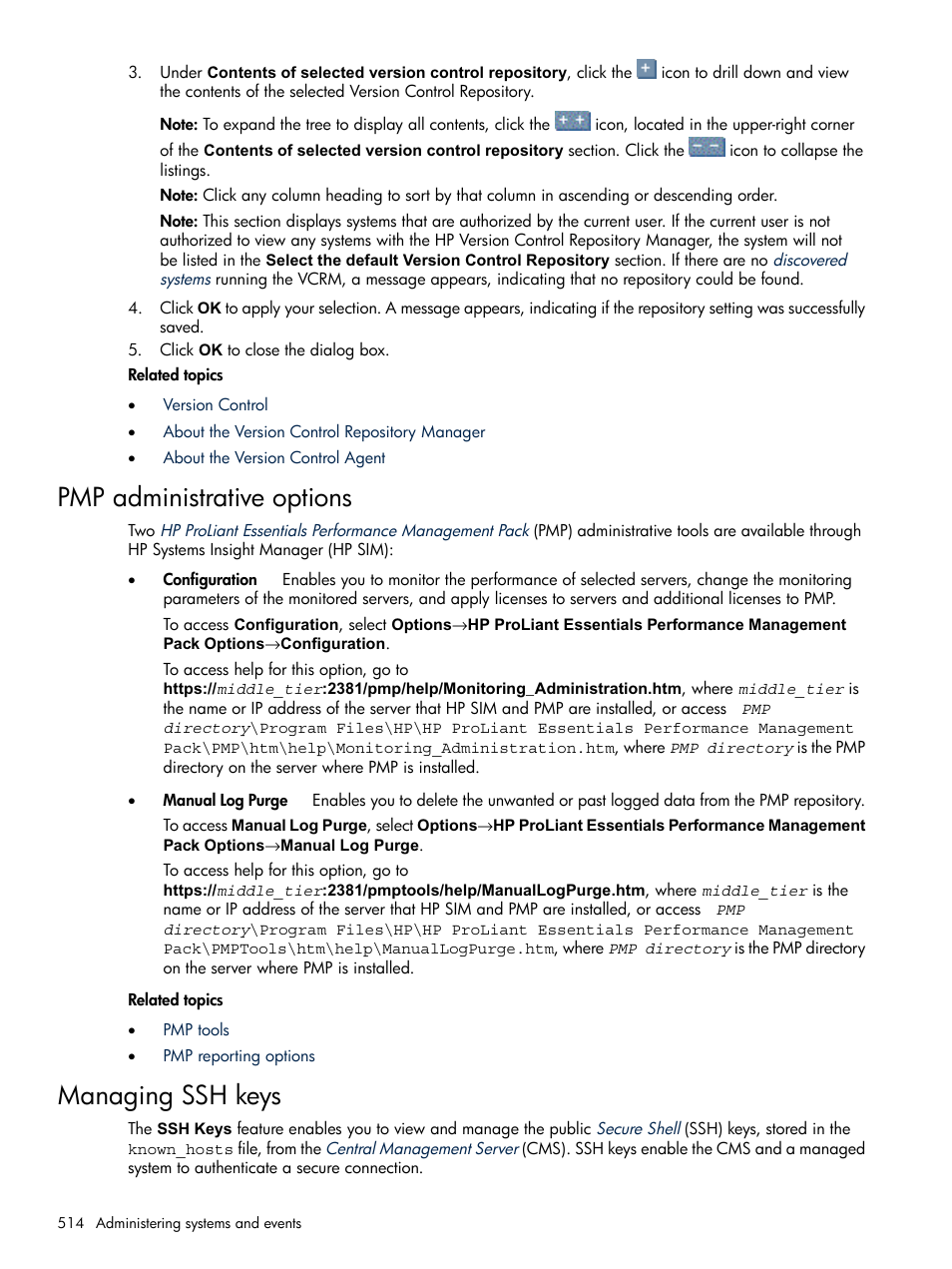 Pmp administrative options, Managing ssh keys, Pmp administrative options managing ssh keys | HP Systems Insight Manager User Manual | Page 514 / 679