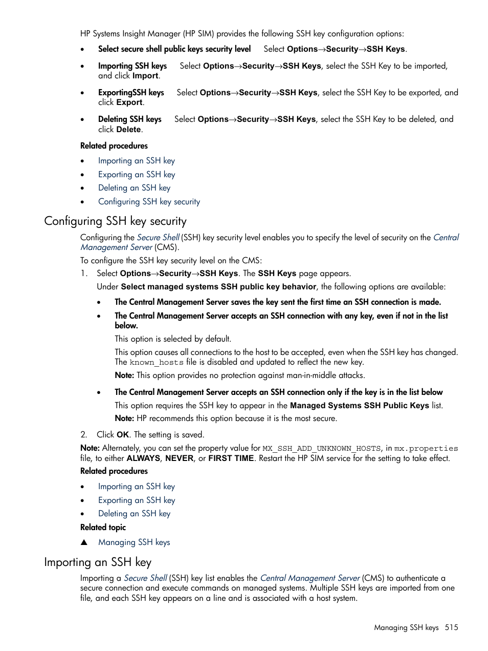 Configuring ssh key security, Importing an ssh key, Configuring ssh key security importing an ssh key | HP Systems Insight Manager User Manual | Page 515 / 679