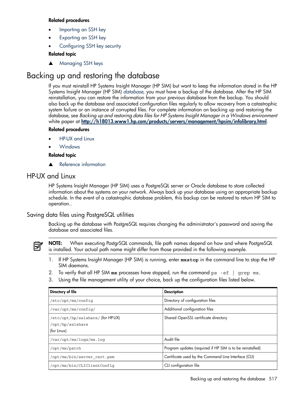 Backing up and restoring the database, Hp-ux and linux, Saving data files using postgresql utilities | HP Systems Insight Manager User Manual | Page 517 / 679