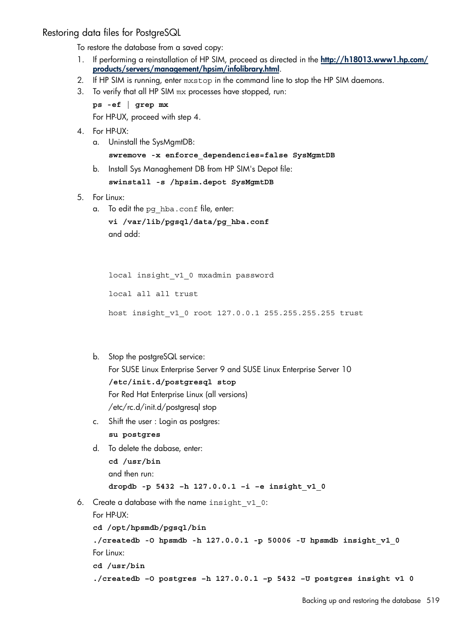 Restoring data files for postgresql | HP Systems Insight Manager User Manual | Page 519 / 679