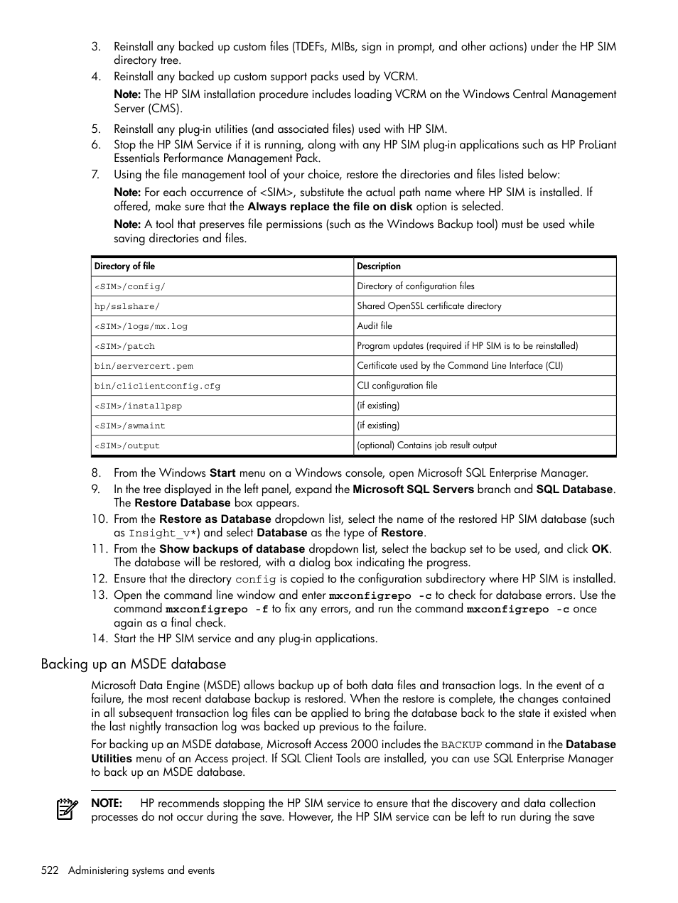 Backing up an msde database | HP Systems Insight Manager User Manual | Page 522 / 679