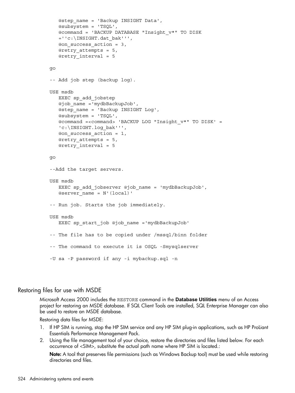 Restoring files for use with msde | HP Systems Insight Manager User Manual | Page 524 / 679