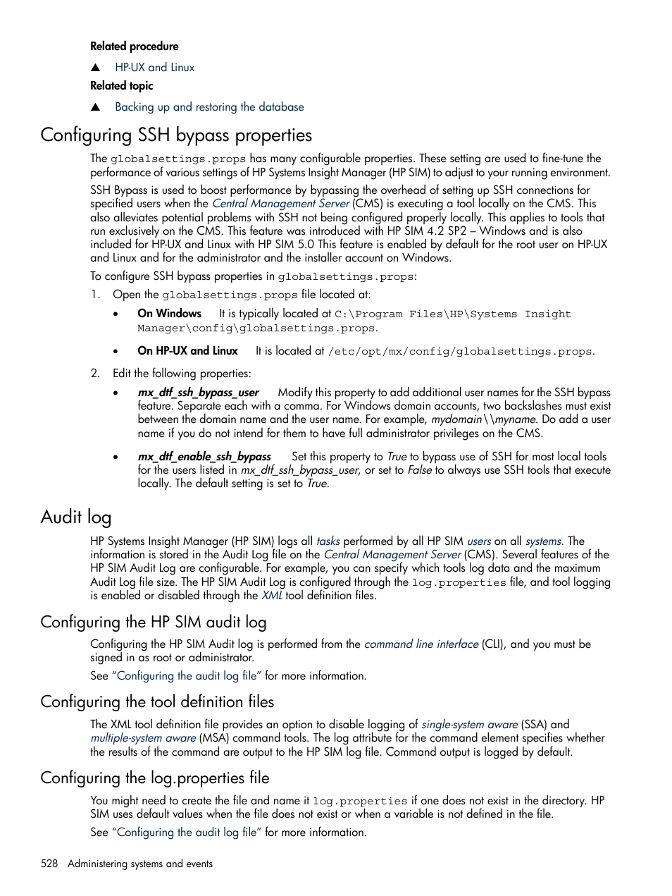 Configuring ssh bypass properties, Audit log, Configuring the hp sim audit log | Configuring the tool definition files, Configuring the log.properties file, Configuring ssh bypass properties audit log | HP Systems Insight Manager User Manual | Page 528 / 679