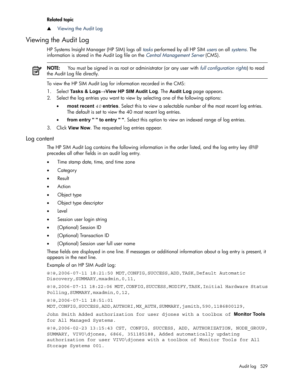 Viewing the audit log, Log content | HP Systems Insight Manager User Manual | Page 529 / 679