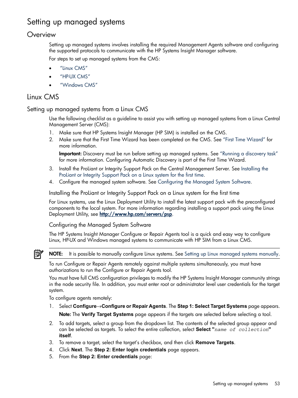 Setting up managed systems, Overview, Linux cms | Setting up managed systems from a linux cms, Configuring the managed system software, Overview linux cms | HP Systems Insight Manager User Manual | Page 53 / 679