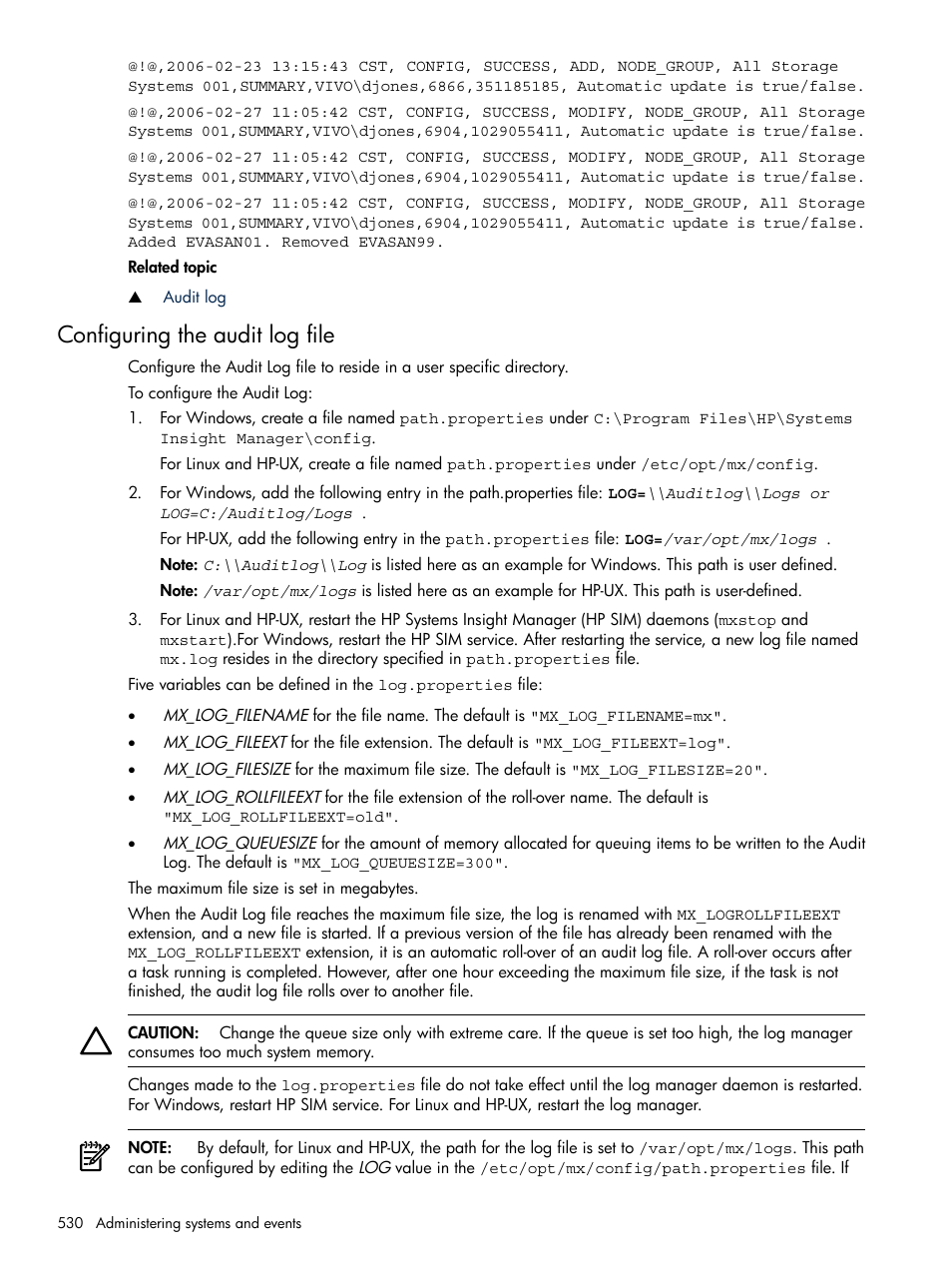 Configuring the audit log file | HP Systems Insight Manager User Manual | Page 530 / 679