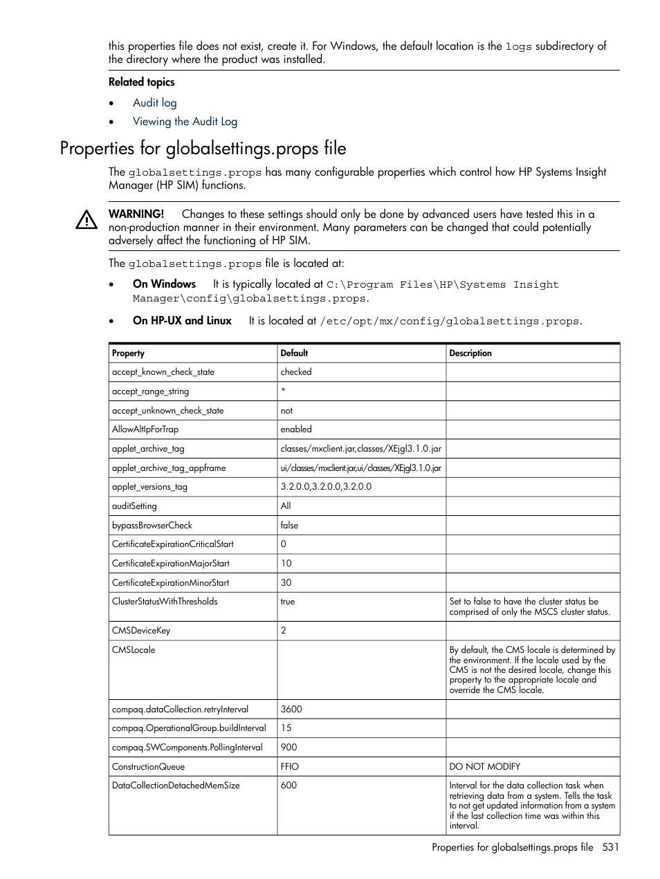 Properties for globalsettings.props file | HP Systems Insight Manager User Manual | Page 531 / 679