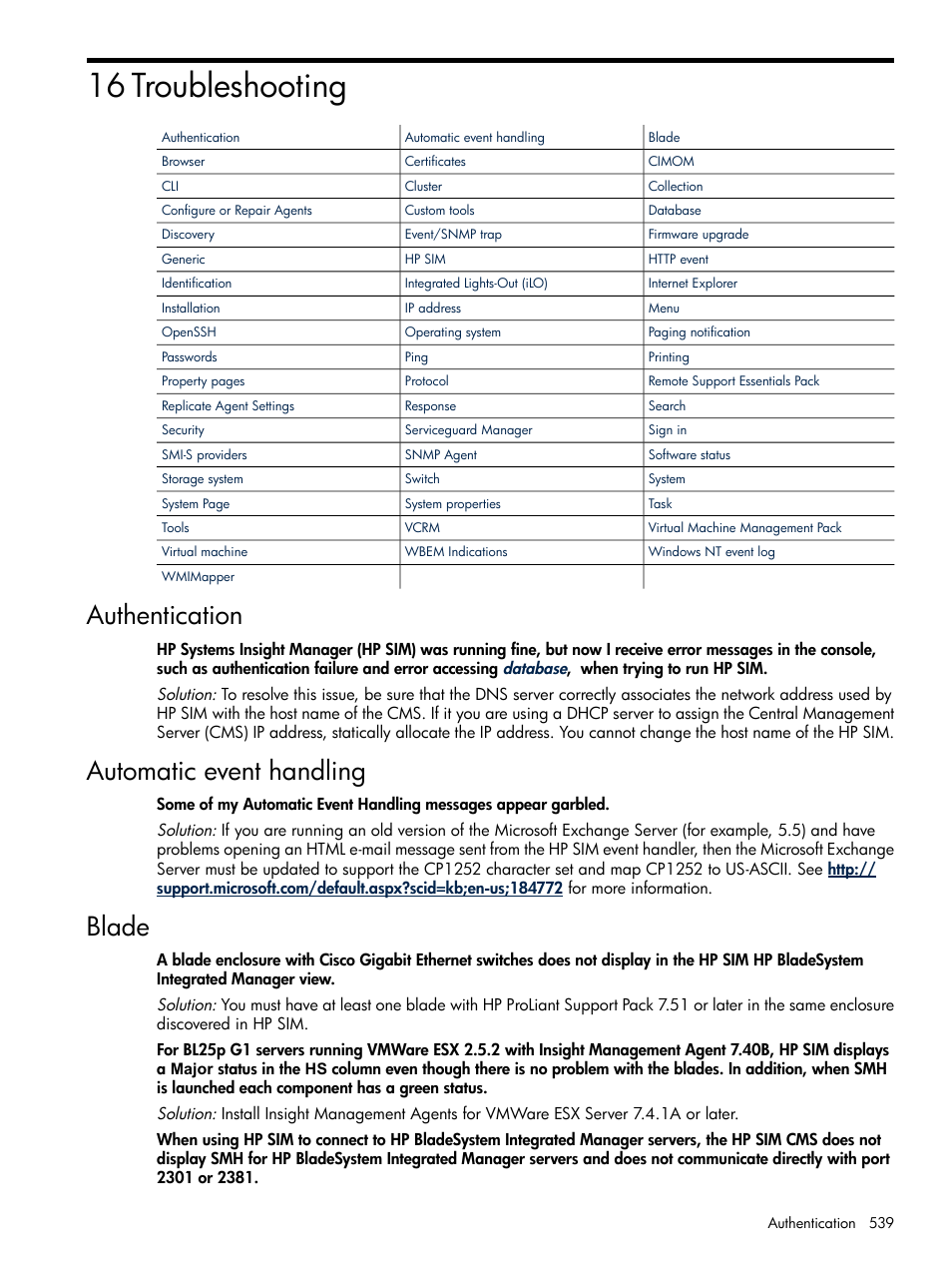 16 troubleshooting, Authentication, Automatic event handling | Blade, Authentication automatic event handling blade, Troubleshooting | HP Systems Insight Manager User Manual | Page 539 / 679