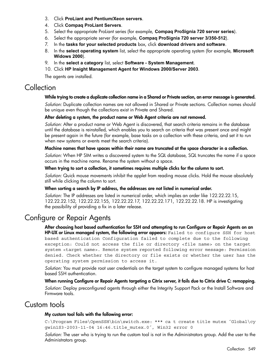 Collection, Configure or repair agents, Custom tools | Collection configure or repair agents custom tools | HP Systems Insight Manager User Manual | Page 549 / 679